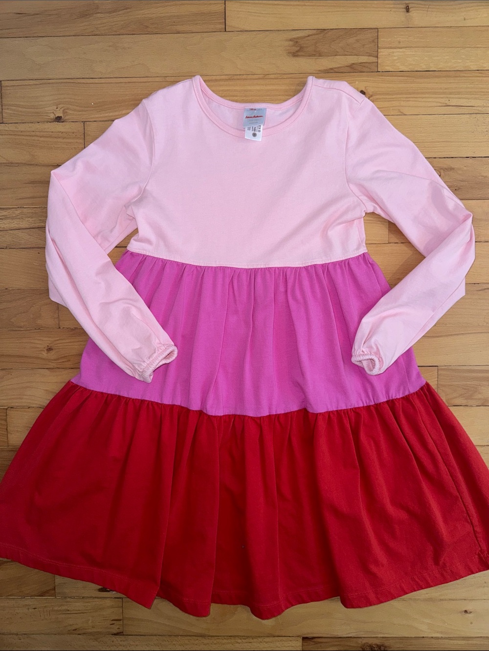 Girls' Three-Tier Pink & Red Long-Sleeve Dress